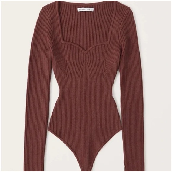Abercrombie & Fitch Brown Ribbed Knit Sweetheart Neck Long Sleeve Bodysuit - Picture 1 of 2